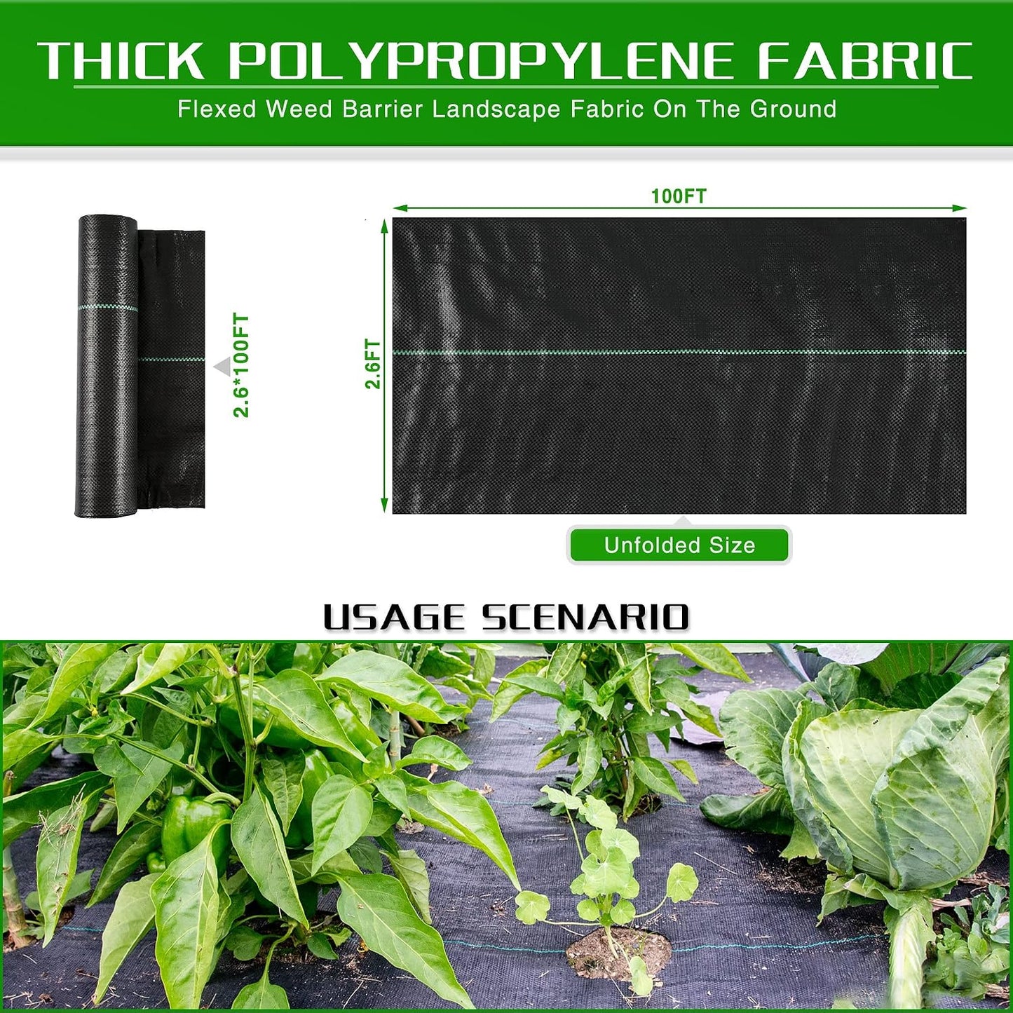 Weed Barrier Landscape Fabric Heavy Duty, 2.6FT x 100FT Thicken Garden Blocker Fabric Weed Mats, Weed Control Garden Cloth, Woven Geotextile Fabric for Garden Beds, Underlayment, Commercial Driveway