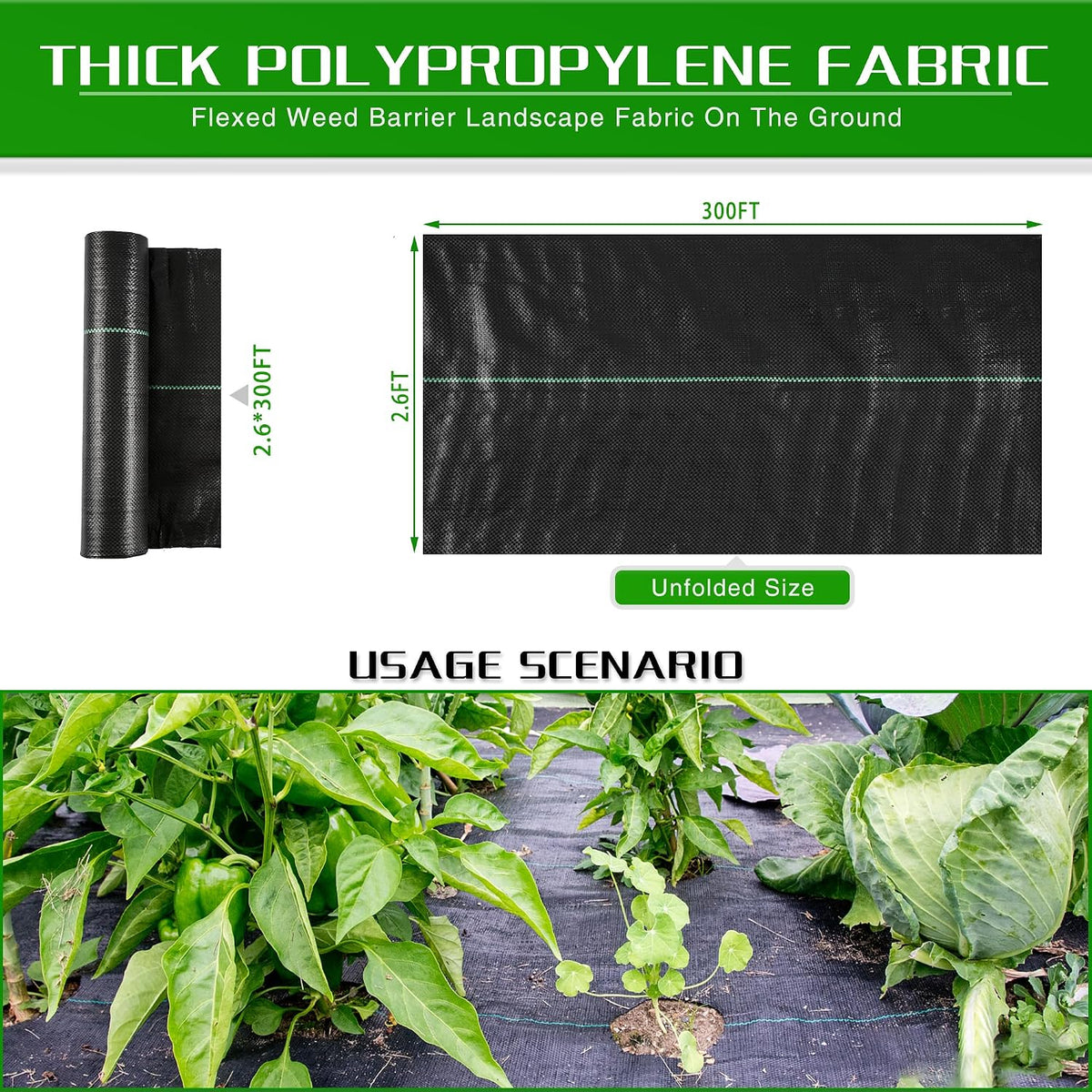 Weed Barrier Landscape Fabric Heavy Duty, 2.6FT x 100FT Thicken Garden Blocker Fabric Weed Mats, Weed Control Garden Cloth, Woven Geotextile Fabric for Garden Beds, Underlayment, Commercial Driveway