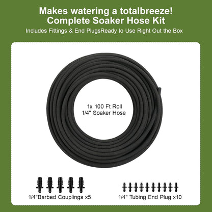 1/4 Soaker Hose Inch 100 FT, Irrigation for Vegetable Beds, Trees & Flowers