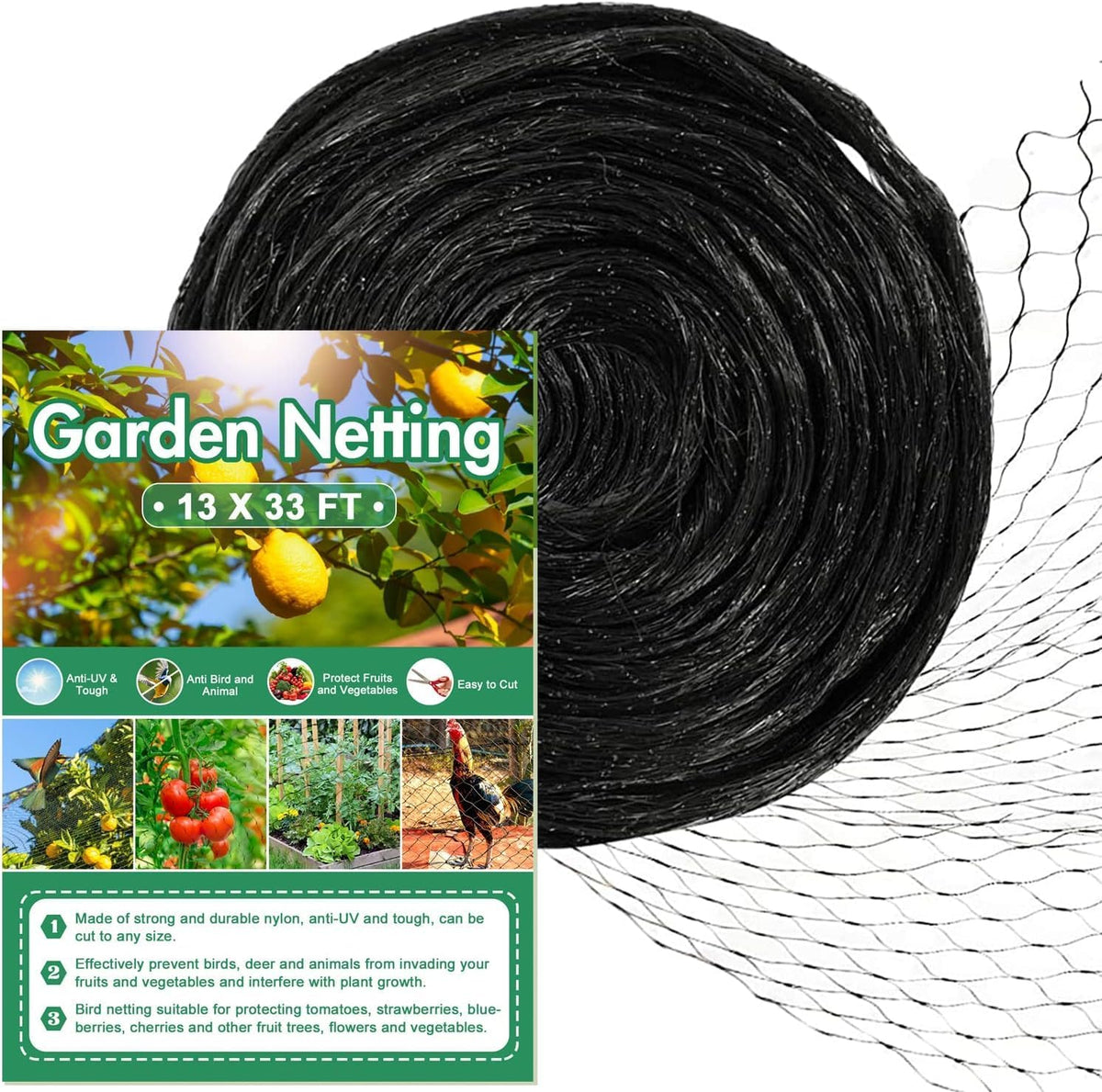 13Ft x 33Ft Anti Bird Netting Protection Mesh Garden Netting Seedlings Plants Flowers Fruit Trees Vegetables from Rodents Deer Reusable Fencing, Green