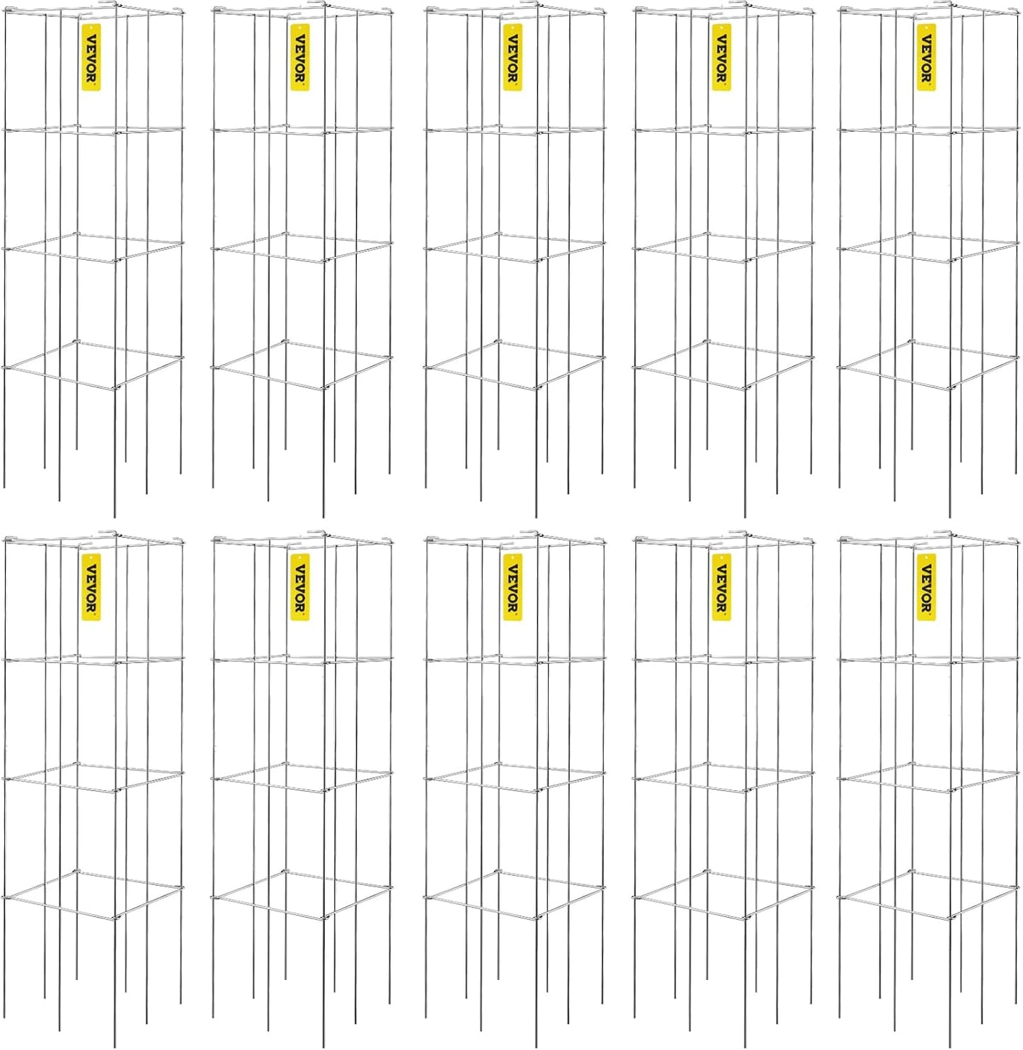 Tomato Cages, 11.8" x 11.8" x 46.1", 10 Packs Square Plant Support Cages, Silver PVC-Coated Steel Tomato Towers for Climbing Vegetables, Plants, Flowers, Fruits