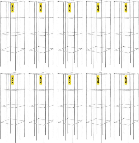 Tomato Cages, 11.8" x 11.8" x 46.1", 10 Packs Square Plant Support Cages, Silver PVC-Coated Steel Tomato Towers for Climbing Vegetables, Plants, Flowers, Fruits