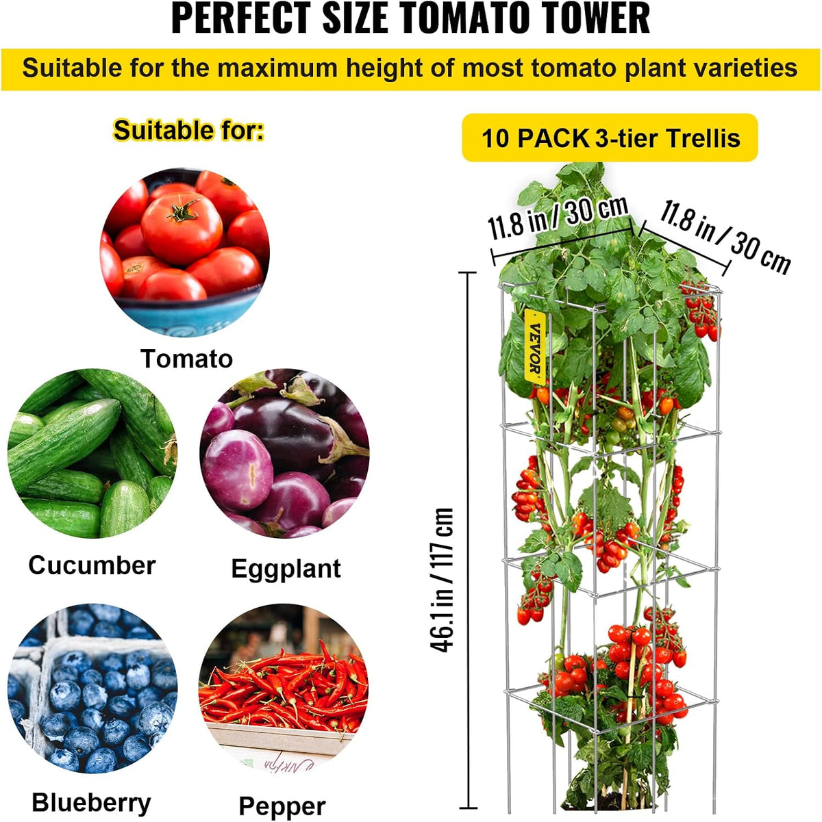 Tomato Cages, 11.8" x 11.8" x 46.1", 10 Packs Square Plant Support Cages, Silver PVC-Coated Steel Tomato Towers for Climbing Vegetables, Plants, Flowers, Fruits