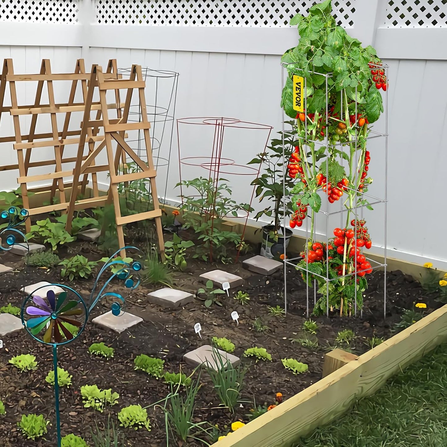 Tomato Cages, 11.8" x 11.8" x 46.1", 10 Packs Square Plant Support Cages, Silver PVC-Coated Steel Tomato Towers for Climbing Vegetables, Plants, Flowers, Fruits