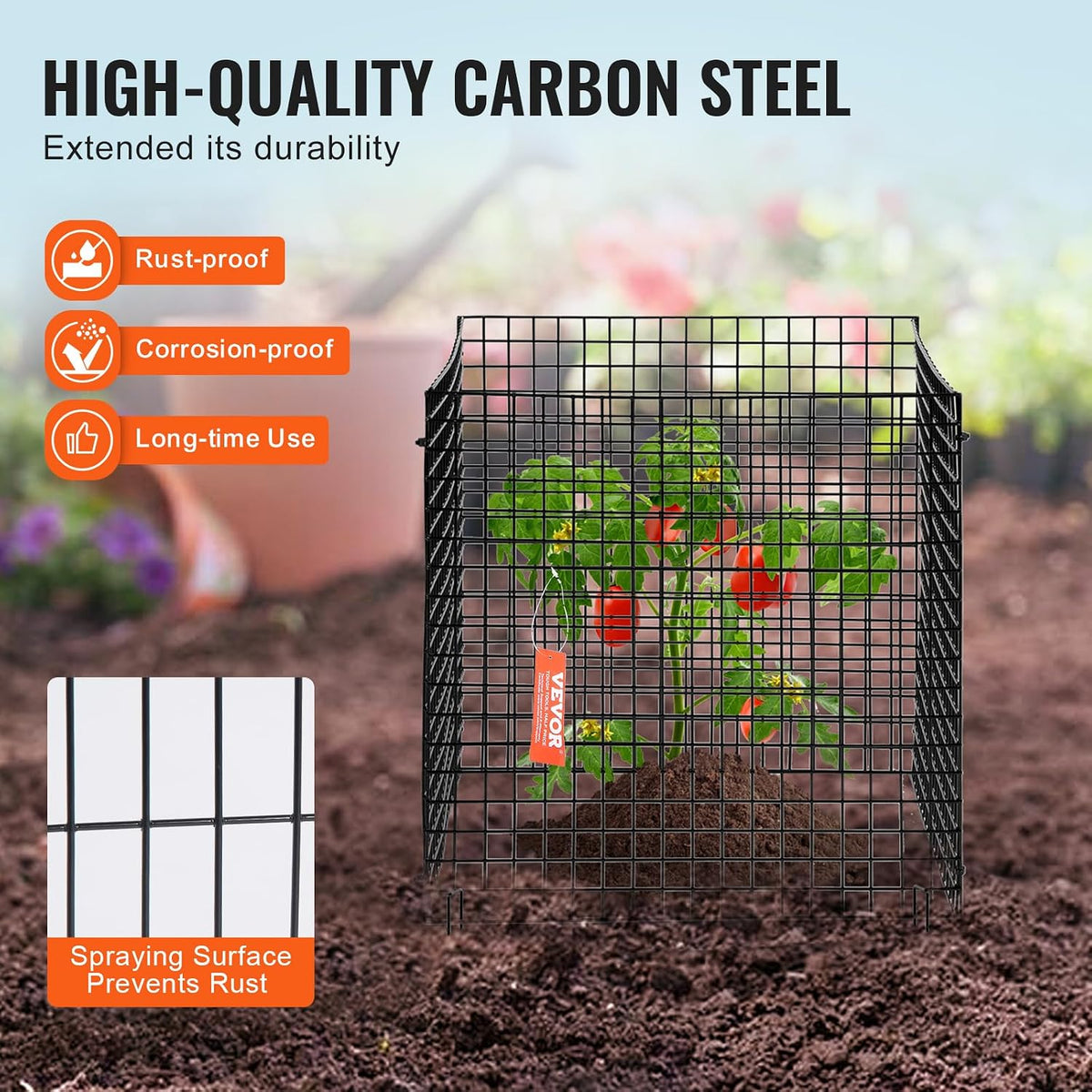 Tomato Cages, 11.8" x 11.8" x 46.1", 10 Packs Square Plant Support Cages, Silver PVC-Coated Steel Tomato Towers for Climbing Vegetables, Plants, Flowers, Fruits