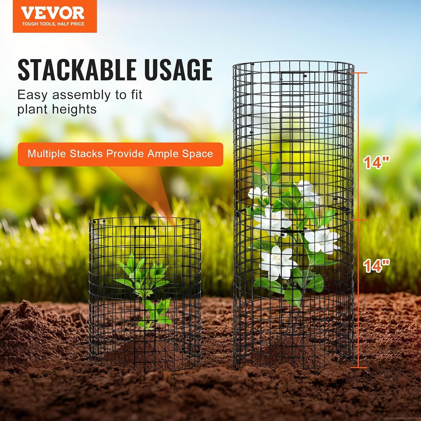 Tomato Cages, 11.8" x 11.8" x 46.1", 10 Packs Square Plant Support Cages, Silver PVC-Coated Steel Tomato Towers for Climbing Vegetables, Plants, Flowers, Fruits