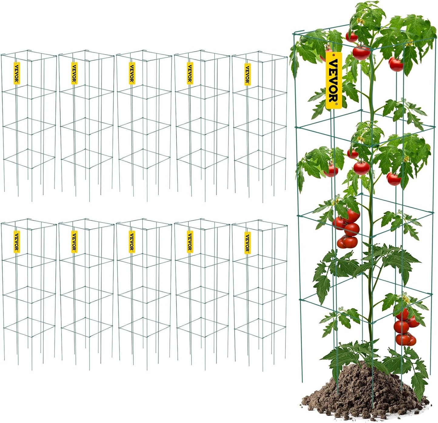 Tomato Cages, 11.8" x 11.8" x 46.1", 10 Packs Square Plant Support Cages, Silver PVC-Coated Steel Tomato Towers for Climbing Vegetables, Plants, Flowers, Fruits