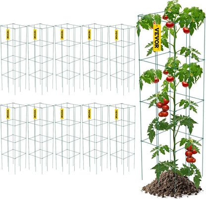 Tomato Cages, 11.8" x 11.8" x 46.1", 10 Packs Square Plant Support Cages, Silver PVC-Coated Steel Tomato Towers for Climbing Vegetables, Plants, Flowers, Fruits
