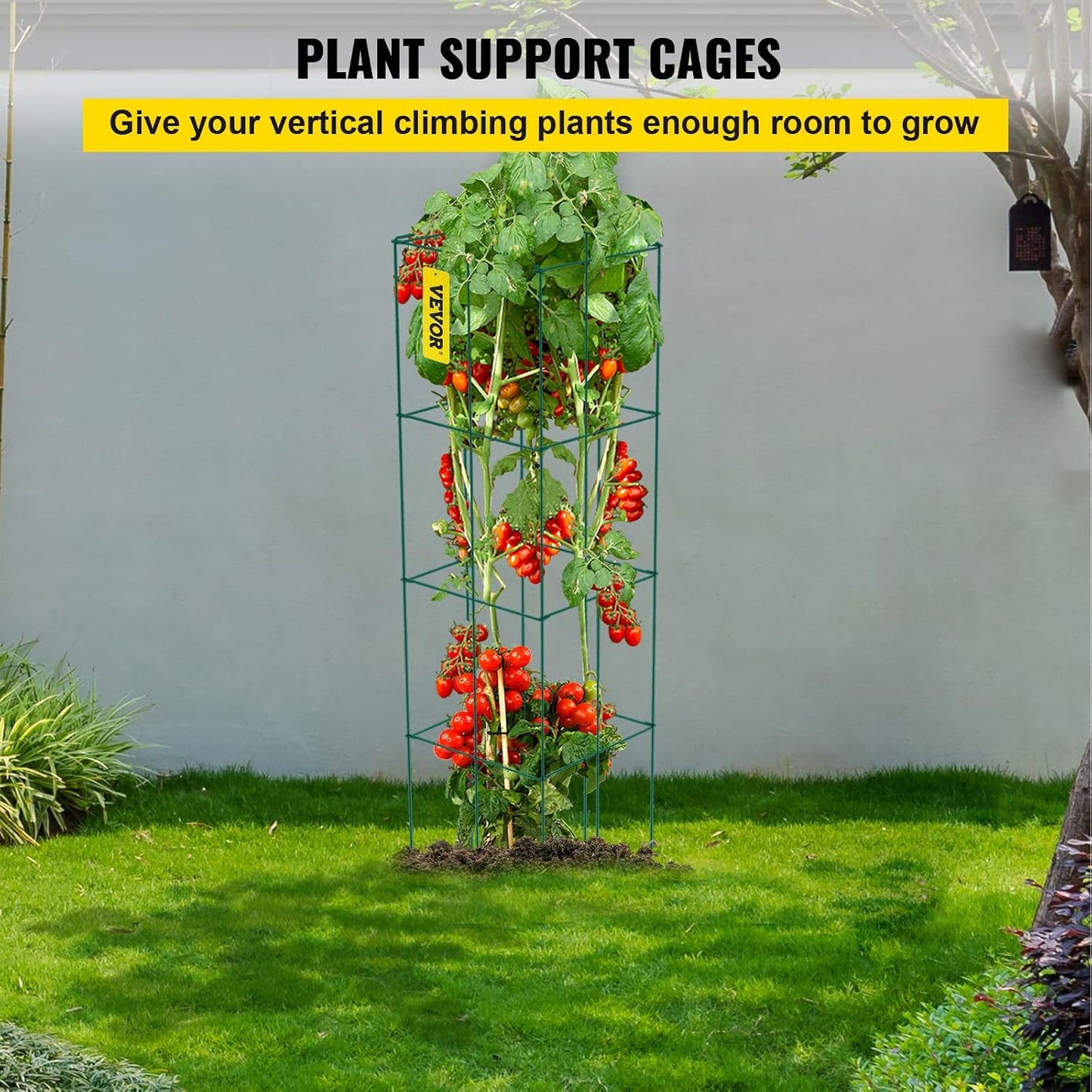 Tomato Cages, 11.8" x 11.8" x 46.1", 10 Packs Square Plant Support Cages, Silver PVC-Coated Steel Tomato Towers for Climbing Vegetables, Plants, Flowers, Fruits
