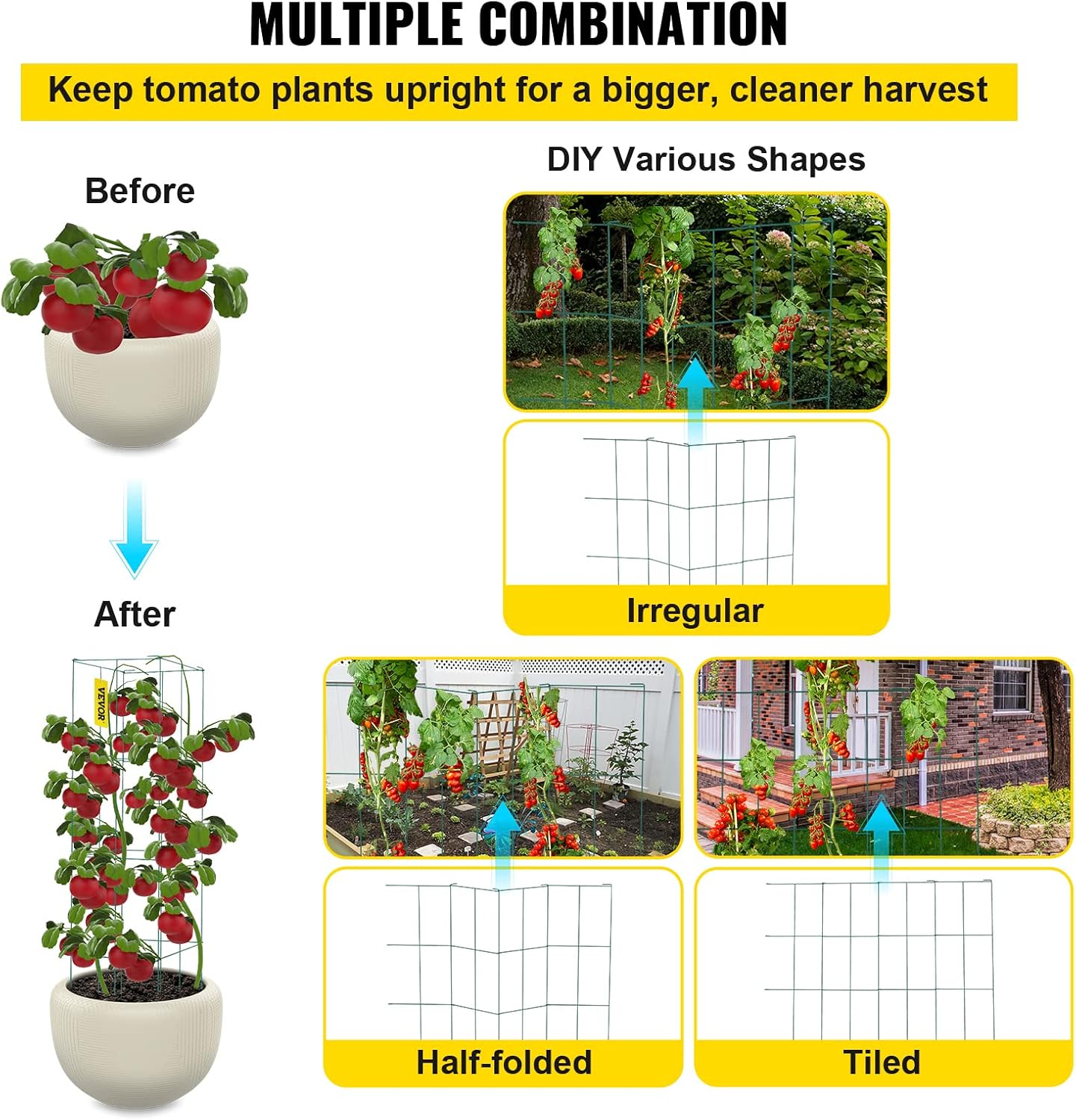 Tomato Cages, 11.8" x 11.8" x 46.1", 10 Packs Square Plant Support Cages, Silver PVC-Coated Steel Tomato Towers for Climbing Vegetables, Plants, Flowers, Fruits