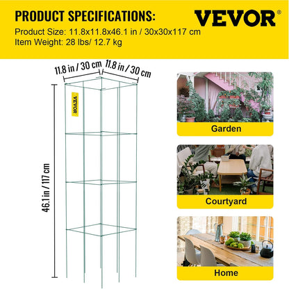 Tomato Cages, 11.8" x 11.8" x 46.1", 10 Packs Square Plant Support Cages, Silver PVC-Coated Steel Tomato Towers for Climbing Vegetables, Plants, Flowers, Fruits