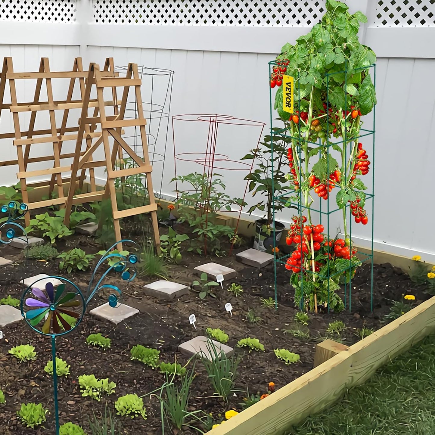 Tomato Cages, 11.8" x 11.8" x 46.1", 10 Packs Square Plant Support Cages, Silver PVC-Coated Steel Tomato Towers for Climbing Vegetables, Plants, Flowers, Fruits