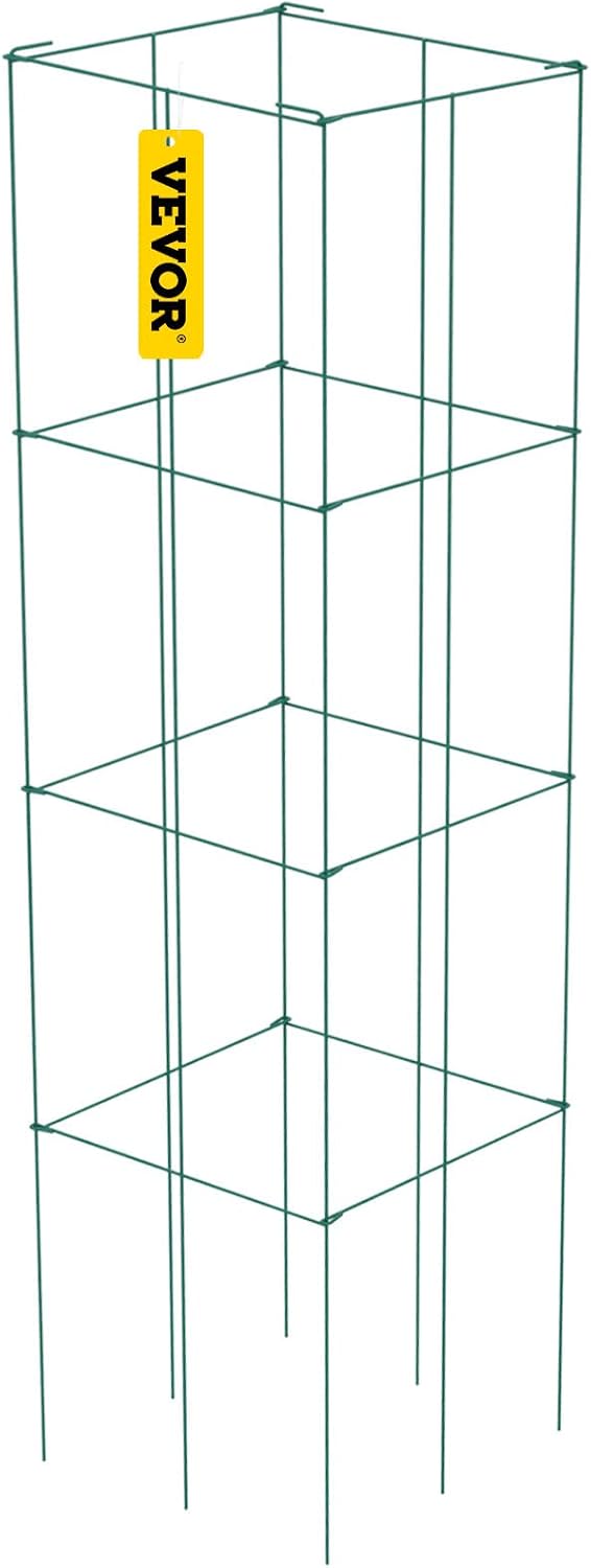 Tomato Cages, 11.8" x 11.8" x 46.1", 10 Packs Square Plant Support Cages, Silver PVC-Coated Steel Tomato Towers for Climbing Vegetables, Plants, Flowers, Fruits