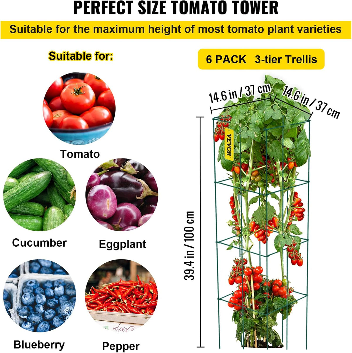 Tomato Cages, 11.8" x 11.8" x 46.1", 10 Packs Square Plant Support Cages, Silver PVC-Coated Steel Tomato Towers for Climbing Vegetables, Plants, Flowers, Fruits