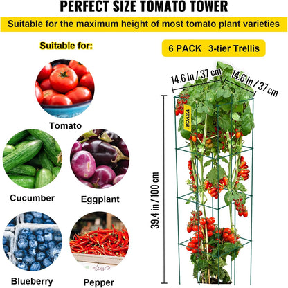 Tomato Cages, 11.8" x 11.8" x 46.1", 10 Packs Square Plant Support Cages, Silver PVC-Coated Steel Tomato Towers for Climbing Vegetables, Plants, Flowers, Fruits