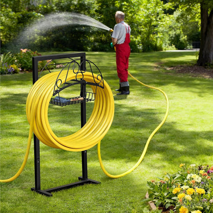 Garden Hose Holder with Basket, Metal Water Hose Holder Holds 150ft Hose, Freestanding Hose Storage Stand with 4 Stakes, Rust-Resistant Heavy Duty Hose Hanger for Outside