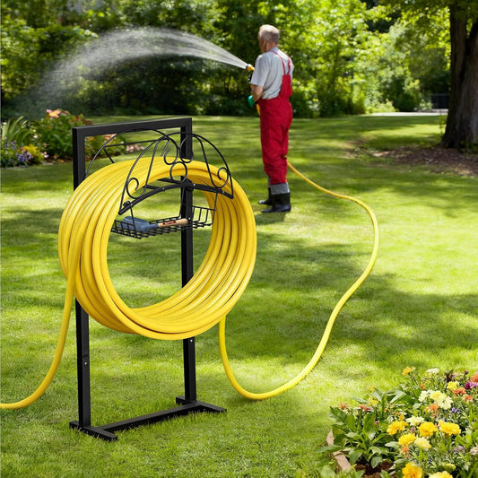 Garden Hose Holder with Basket, Metal Water Hose Holder Holds 150ft Hose, Freestanding Hose Storage Stand with 4 Stakes, Rust-Resistant Heavy Duty Hose Hanger for Outside