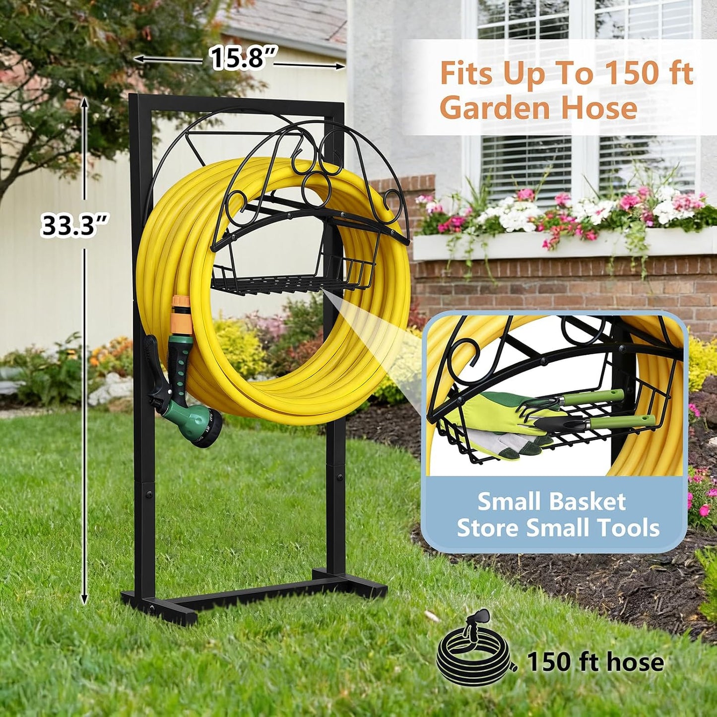 Garden Hose Holder with Basket, Metal Water Hose Holder Holds 150ft Hose, Freestanding Hose Storage Stand with 4 Stakes, Rust-Resistant Heavy Duty Hose Hanger for Outside