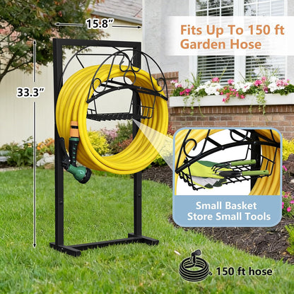 Garden Hose Holder with Basket, Metal Water Hose Holder Holds 150ft Hose, Freestanding Hose Storage Stand with 4 Stakes, Rust-Resistant Heavy Duty Hose Hanger for Outside