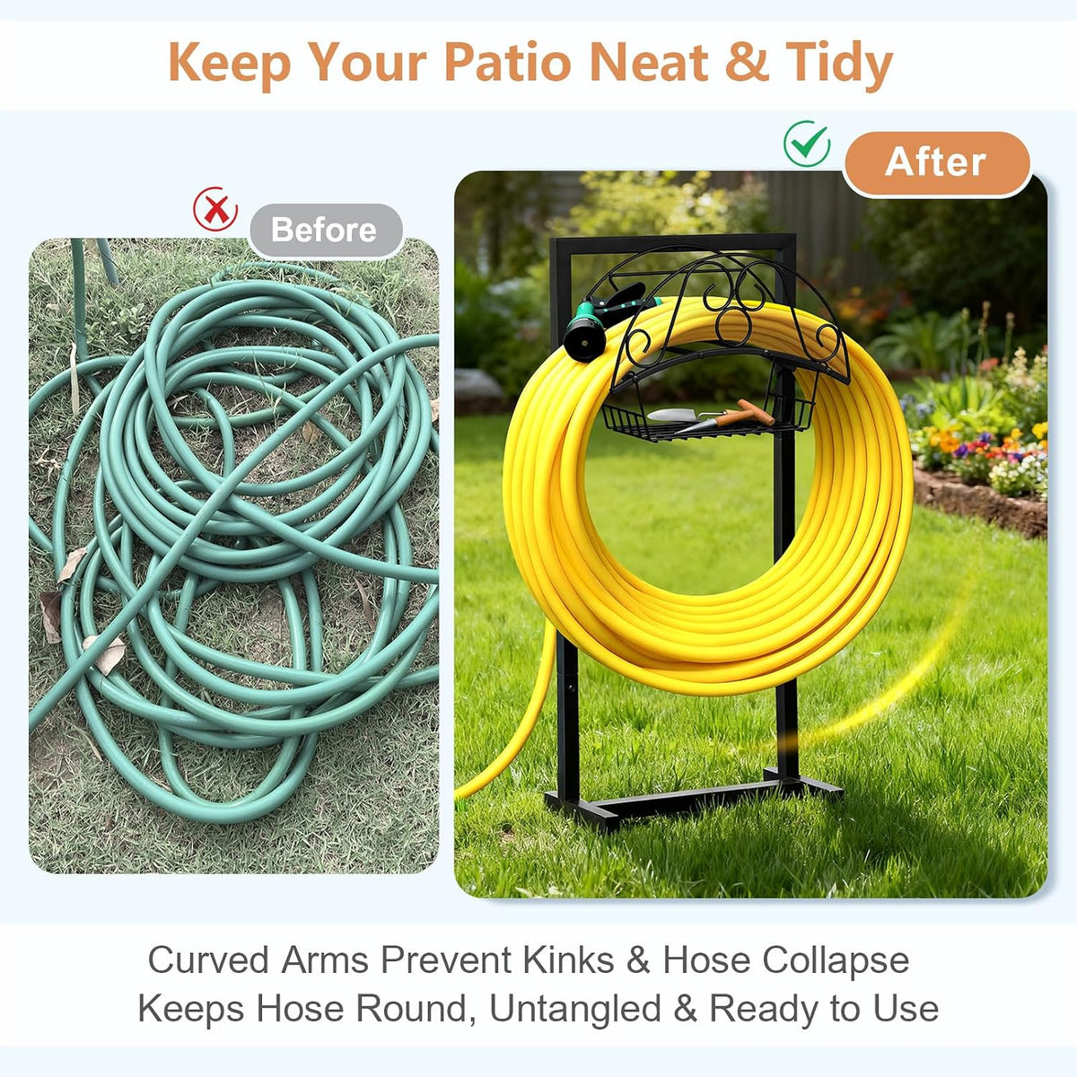 Garden Hose Holder with Basket, Metal Water Hose Holder Holds 150ft Hose, Freestanding Hose Storage Stand with 4 Stakes, Rust-Resistant Heavy Duty Hose Hanger for Outside
