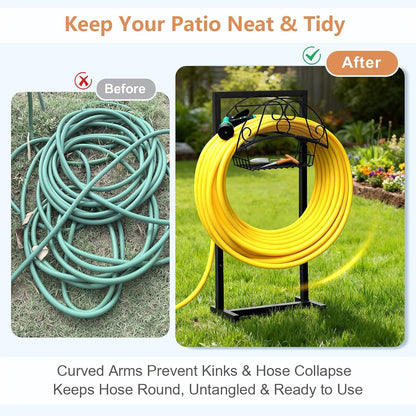 Garden Hose Holder with Basket, Metal Water Hose Holder Holds 150ft Hose, Freestanding Hose Storage Stand with 4 Stakes, Rust-Resistant Heavy Duty Hose Hanger for Outside
