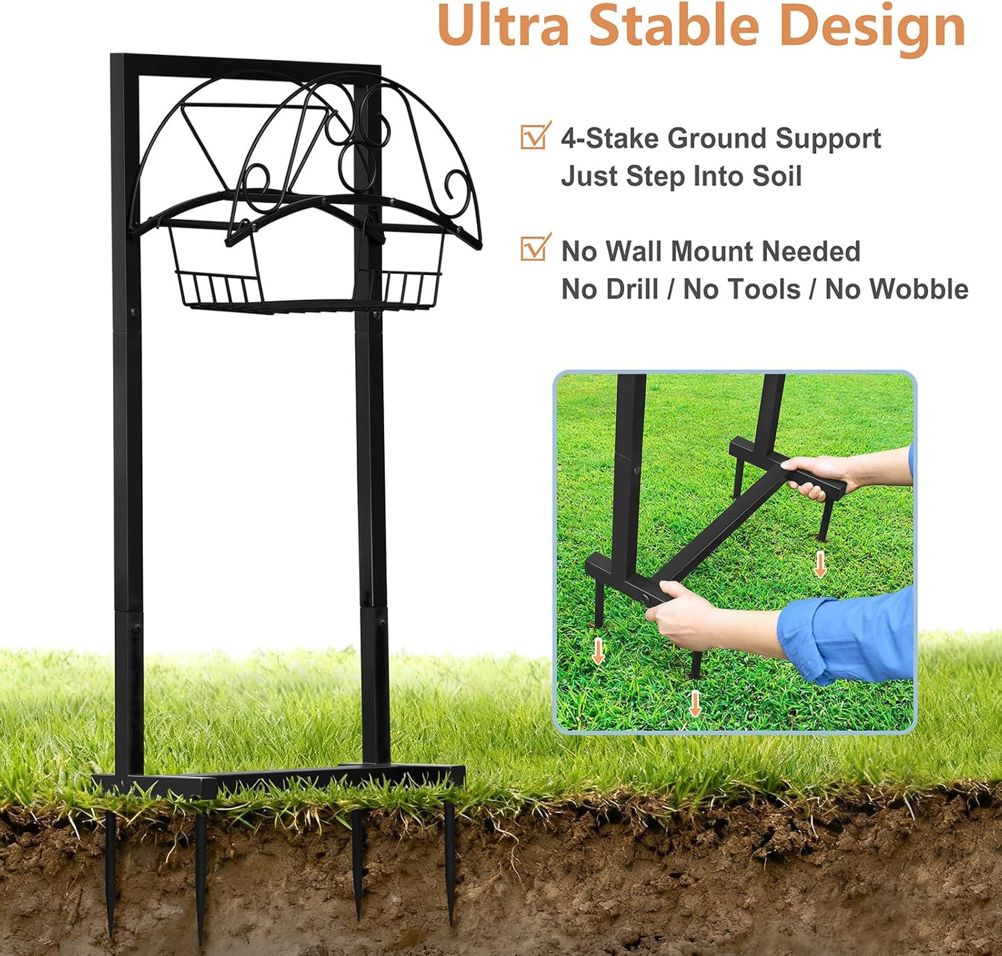 Garden Hose Holder with Basket, Metal Water Hose Holder Holds 150ft Hose, Freestanding Hose Storage Stand with 4 Stakes, Rust-Resistant Heavy Duty Hose Hanger for Outside