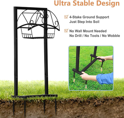 Garden Hose Holder with Basket, Metal Water Hose Holder Holds 150ft Hose, Freestanding Hose Storage Stand with 4 Stakes, Rust-Resistant Heavy Duty Hose Hanger for Outside
