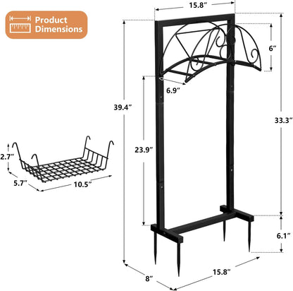 Garden Hose Holder with Basket, Metal Water Hose Holder Holds 150ft Hose, Freestanding Hose Storage Stand with 4 Stakes, Rust-Resistant Heavy Duty Hose Hanger for Outside