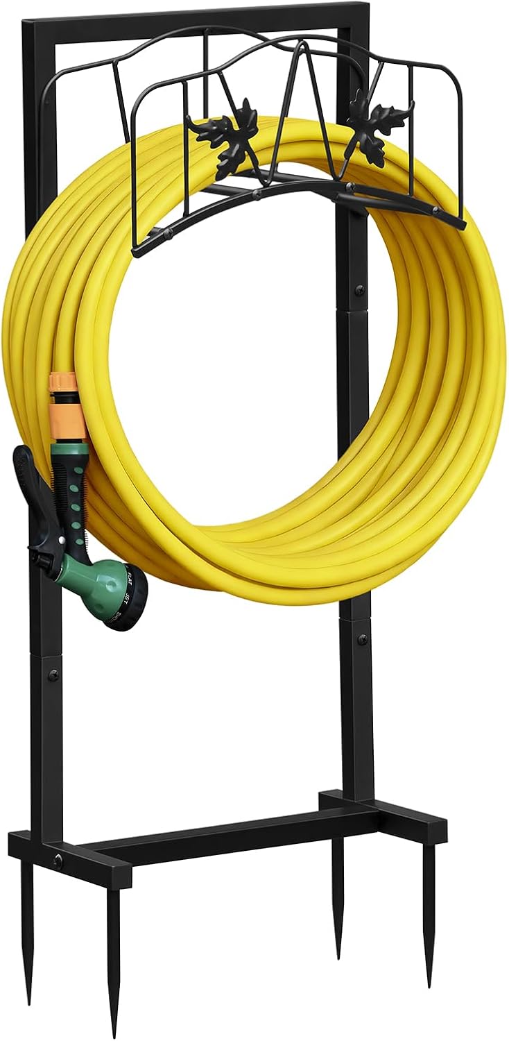 Garden Hose Holder with Basket, Metal Water Hose Holder Holds 150ft Hose, Freestanding Hose Storage Stand with 4 Stakes, Rust-Resistant Heavy Duty Hose Hanger for Outside