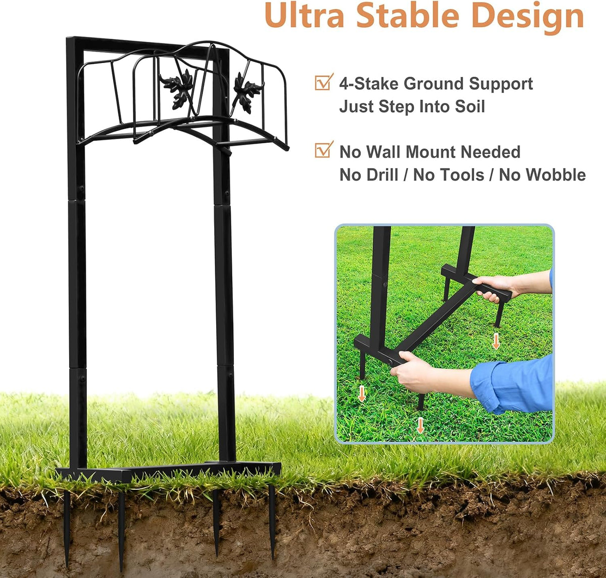 Garden Hose Holder with Basket, Metal Water Hose Holder Holds 150ft Hose, Freestanding Hose Storage Stand with 4 Stakes, Rust-Resistant Heavy Duty Hose Hanger for Outside