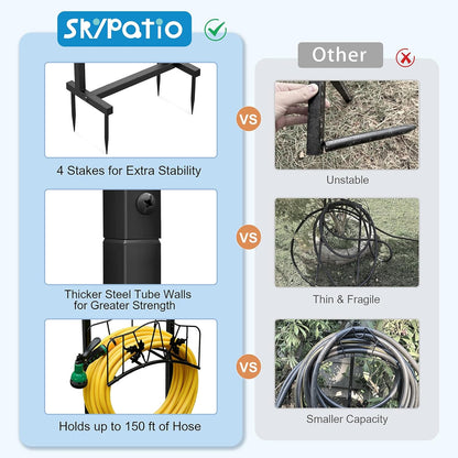 Garden Hose Holder with Basket, Metal Water Hose Holder Holds 150ft Hose, Freestanding Hose Storage Stand with 4 Stakes, Rust-Resistant Heavy Duty Hose Hanger for Outside