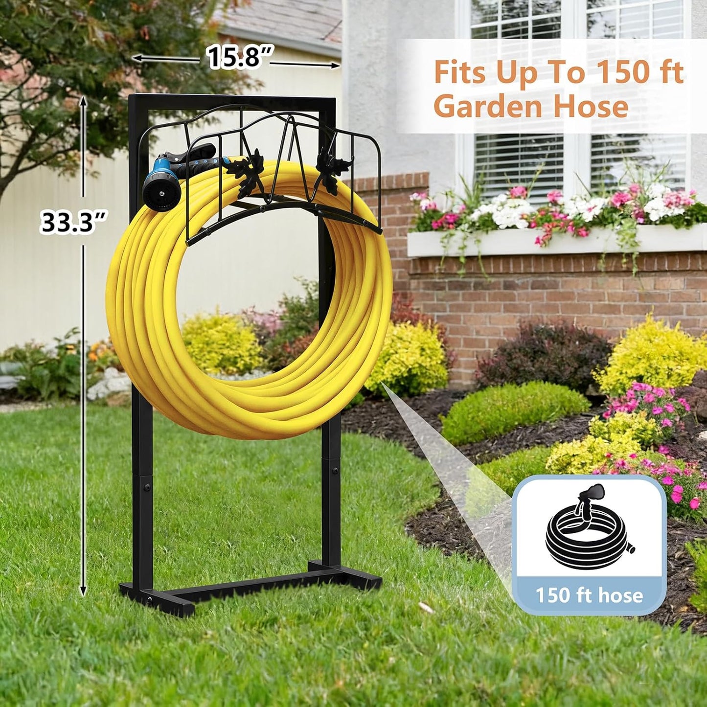 Garden Hose Holder with Basket, Metal Water Hose Holder Holds 150ft Hose, Freestanding Hose Storage Stand with 4 Stakes, Rust-Resistant Heavy Duty Hose Hanger for Outside