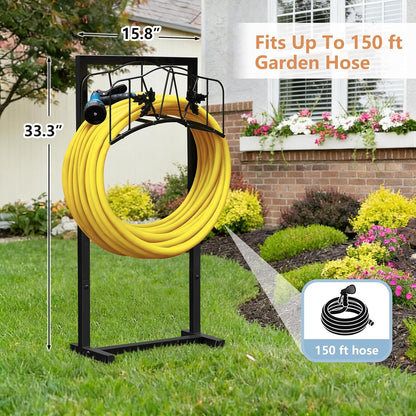 Garden Hose Holder with Basket, Metal Water Hose Holder Holds 150ft Hose, Freestanding Hose Storage Stand with 4 Stakes, Rust-Resistant Heavy Duty Hose Hanger for Outside