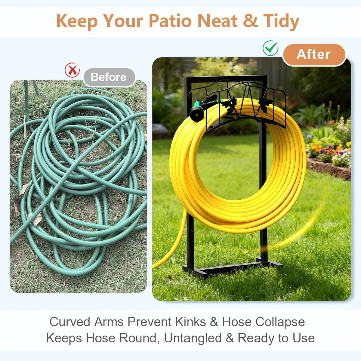 Garden Hose Holder with Basket, Metal Water Hose Holder Holds 150ft Hose, Freestanding Hose Storage Stand with 4 Stakes, Rust-Resistant Heavy Duty Hose Hanger for Outside