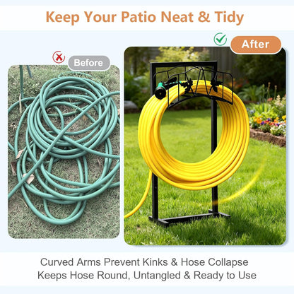 Garden Hose Holder with Basket, Metal Water Hose Holder Holds 150ft Hose, Freestanding Hose Storage Stand with 4 Stakes, Rust-Resistant Heavy Duty Hose Hanger for Outside