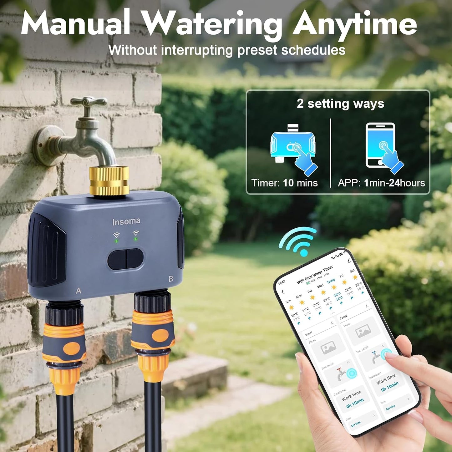 2 Zones WiFi Water Timer Brass Inlet and Outlet, Sprinkler Timer for Garden Hose, APP Remote Control WiFi Hose Timers with Gateway, Voice Control with Alexa, Rain Delay and Manual Mode for Watering