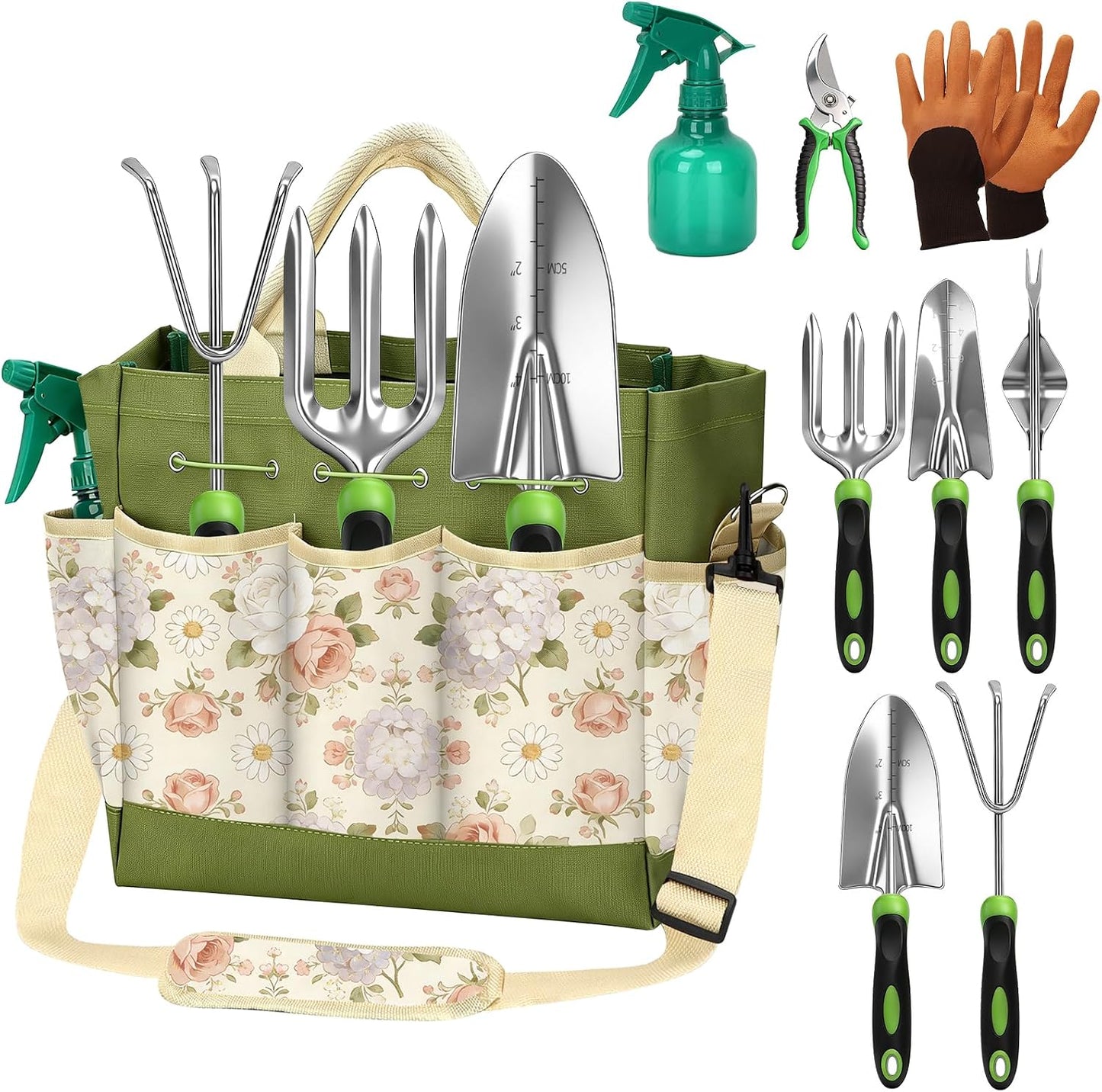 Gardening Tools Set with Floral Bag,Heavy Duty Stainless Steel Gardening Hand Tool with Rubber Non-Slip Handle,Gardening Gifts for Women Men, Mom, Dad,for Planting, Weeding & Seedling Transplanting