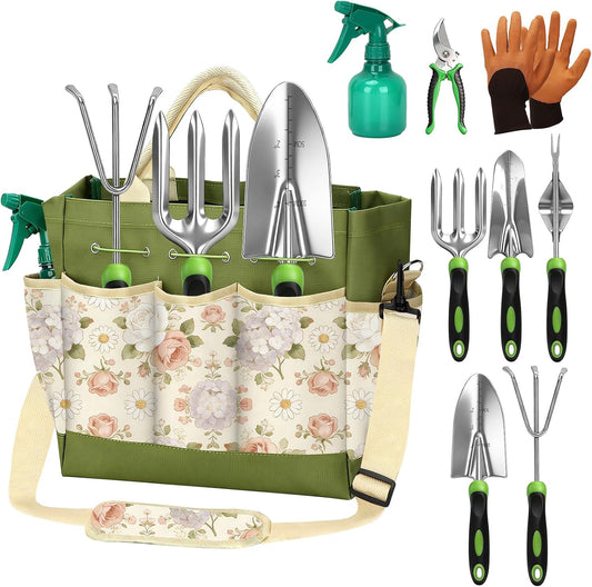 Gardening Tools Set with Floral Bag,Heavy Duty Stainless Steel Gardening Hand Tool with Rubber Non-Slip Handle,Gardening Gifts for Women Men, Mom, Dad,for Planting, Weeding & Seedling Transplanting