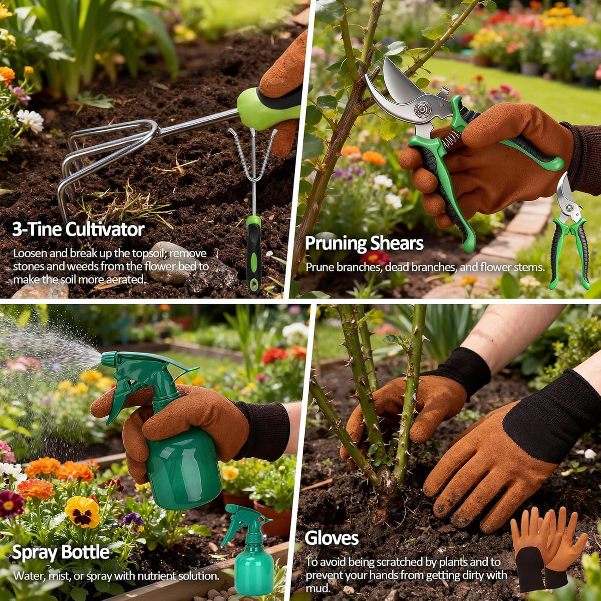 Gardening Tools Set with Floral Bag,Heavy Duty Stainless Steel Gardening Hand Tool with Rubber Non-Slip Handle,Gardening Gifts for Women Men, Mom, Dad,for Planting, Weeding & Seedling Transplanting