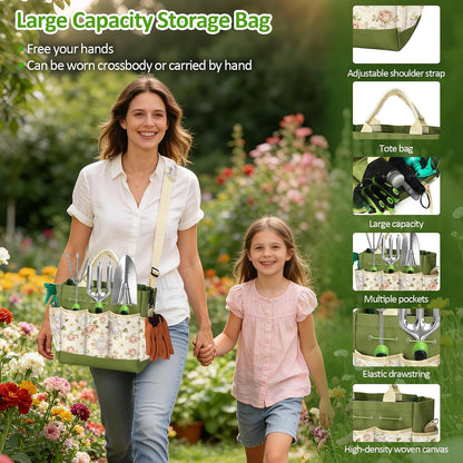 Gardening Tools Set with Floral Bag,Heavy Duty Stainless Steel Gardening Hand Tool with Rubber Non-Slip Handle,Gardening Gifts for Women Men, Mom, Dad,for Planting, Weeding & Seedling Transplanting