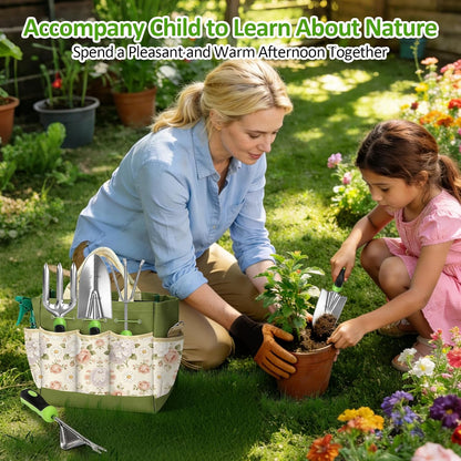 Gardening Tools Set with Floral Bag,Heavy Duty Stainless Steel Gardening Hand Tool with Rubber Non-Slip Handle,Gardening Gifts for Women Men, Mom, Dad,for Planting, Weeding & Seedling Transplanting