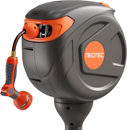 Retractable Garden Hose Reel 82 ft 1/2 Inch, Ground-Mounted Freestanding Water Hose, No-Drill 360° Swivel, Any-Length Lock & 20% Slow Return for Large Yard Lawn Car Washing