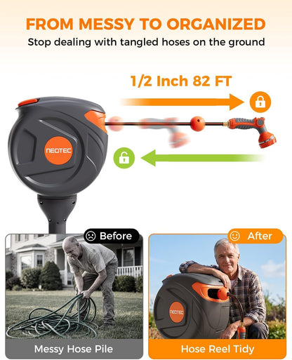 Retractable Garden Hose Reel 82 ft 1/2 Inch, Ground-Mounted Freestanding Water Hose, No-Drill 360° Swivel, Any-Length Lock & 20% Slow Return for Large Yard Lawn Car Washing