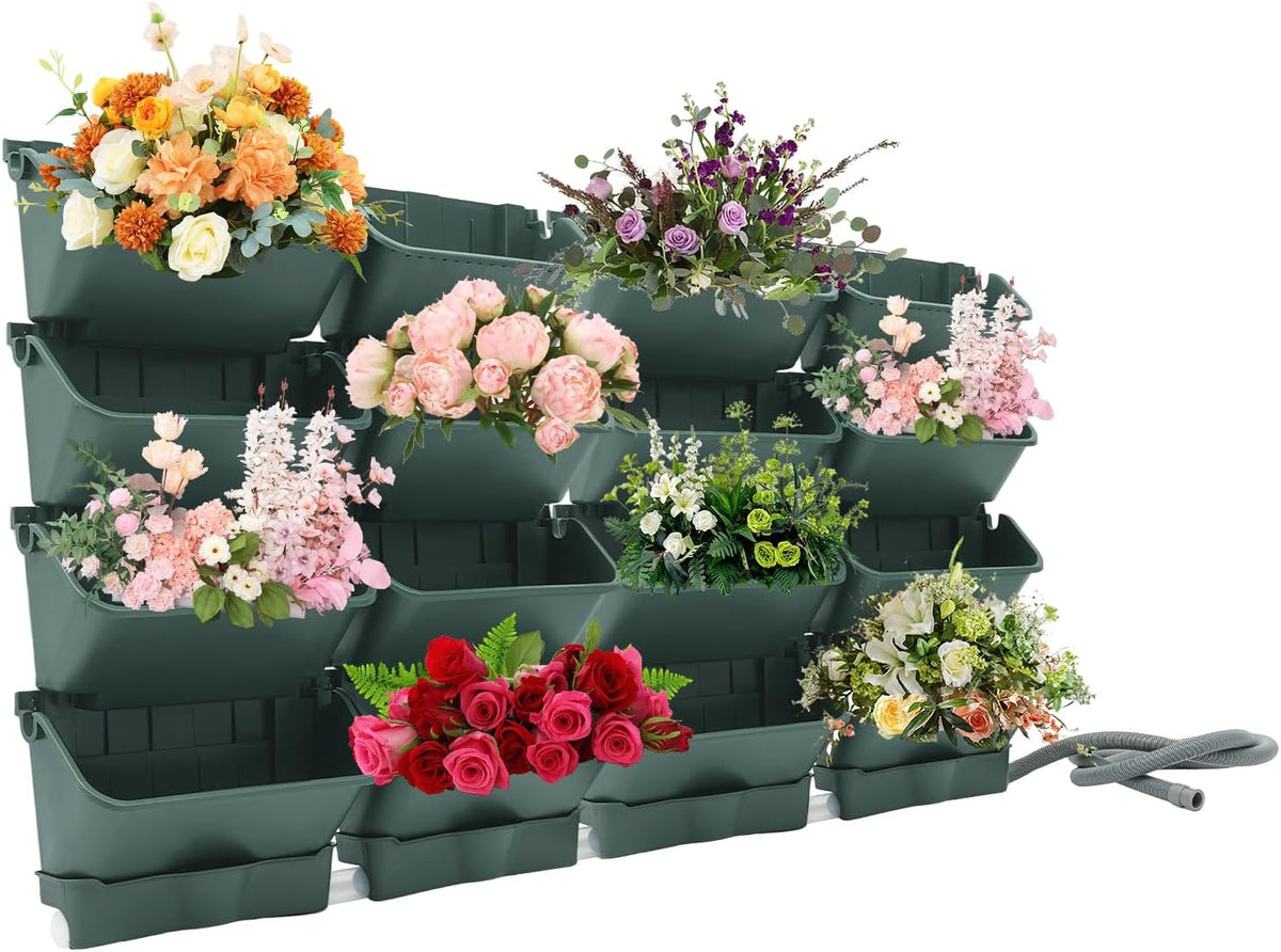 Vertical Wall Planter for Indoor Plant-Walls Mounted Pot with 4 Drainage Tray 16 Pack, 13 inch Dark Green for Decor, Plastic Pots Balcony Planters, Plants Hanging (16, Army Green)