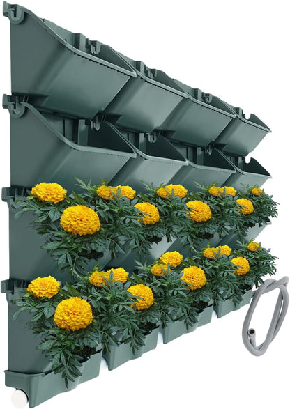 Vertical Wall Planter for Indoor Plant-Walls Mounted Pot with 4 Drainage Tray 16 Pack, 13 inch Dark Green for Decor, Plastic Pots Balcony Planters, Plants Hanging (16, Army Green)