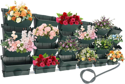 Vertical Wall Planter for Indoor Plant-Walls Mounted Pot with 4 Drainage Tray 16 Pack, 13 inch Dark Green for Decor, Plastic Pots Balcony Planters, Plants Hanging (16, Army Green)