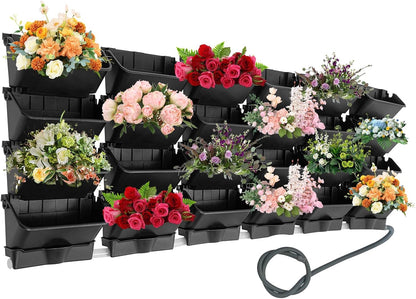 Vertical Wall Planter for Indoor Plant-Walls Mounted Pot with 4 Drainage Tray 16 Pack, 13 inch Dark Green for Decor, Plastic Pots Balcony Planters, Plants Hanging (16, Army Green)