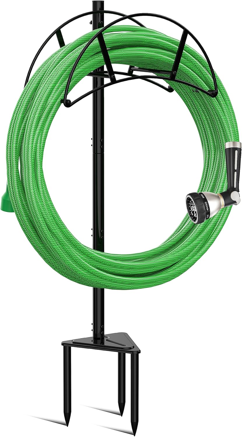 Garden Hose Stand/Hanger Freestanding, Heavy Duty In-Ground Hose Rack Organizer for Outside Yard, Sturdy to Hold 150ft (Metal, Black)