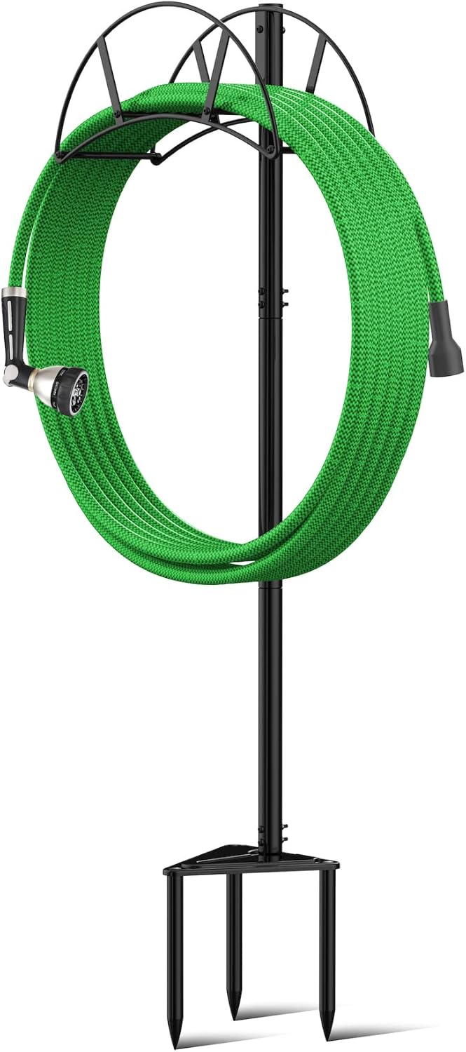 Garden Hose Stand/Hanger Freestanding, Heavy Duty In-Ground Hose Rack Organizer for Outside Yard, Sturdy to Hold 150ft (Metal, Black)