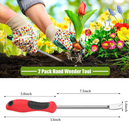 2 Pack Dandelion Weeder Tool with Handle, Polished Aluminum Alloy Weed Puller, Two-Pronged Fork Weeder Tool for Lawn Yard Farmland Gardening Transplant Plant